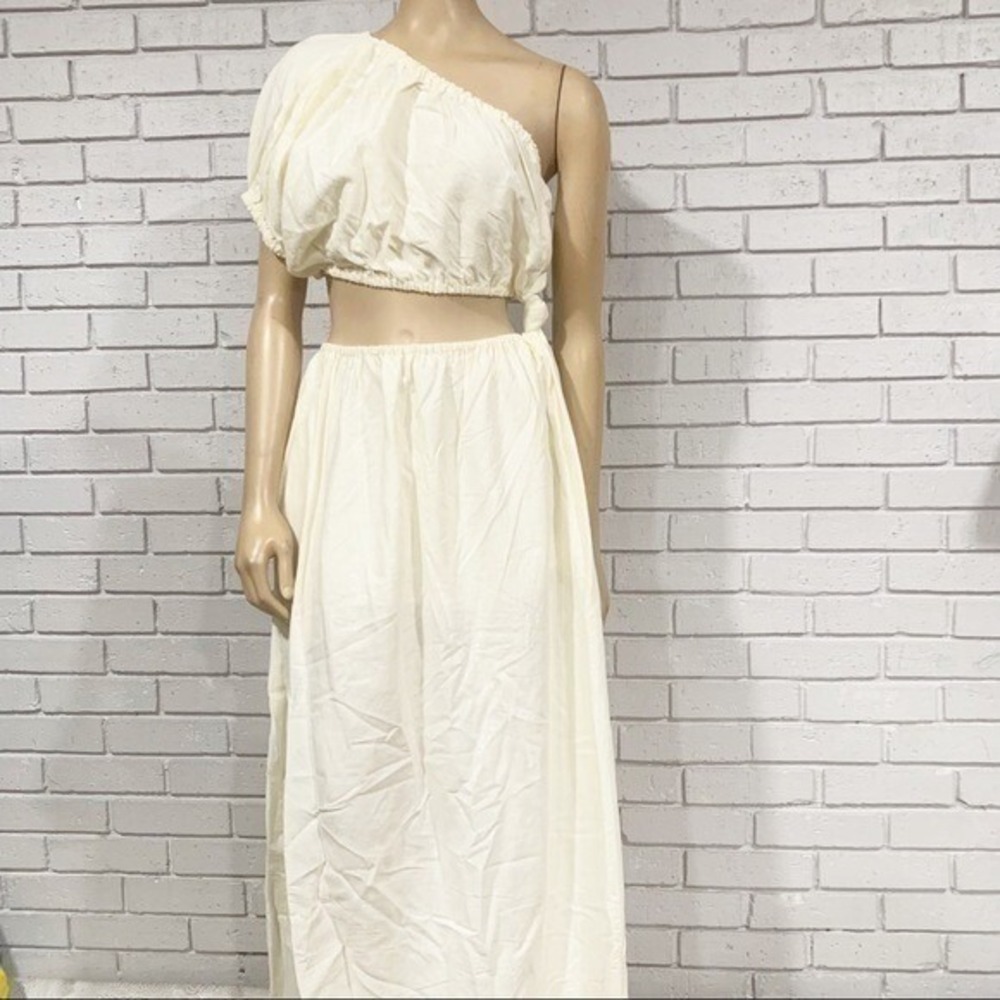 Farm Rio Cream Linen One Shoulder Open-Waist Midi Dress Tropical Resort Size L